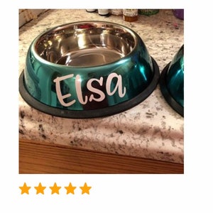 May include: A teal-colored pet bowl with a stainless steel interior. The name "Elsa" is written in white script on the side of the bowl. The bowl sits on a black rubber base. A second bowl is partially visible.
