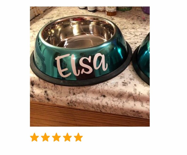 May include: A teal-colored pet bowl with a stainless steel interior. The name "Elsa" is written in white script on the side of the bowl. The bowl sits on a black rubber base. A second bowl is partially visible.