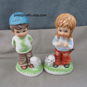 Vintage Homco girl and boy figurine ,Home interior dogs , Porcelain Figurines, Set of two janetjcrafts