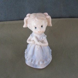 Vintage Girl hand bell with purse porcelain Blue dress 1960&#39;s Girl figurine JanetJcrafts