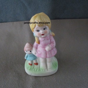 Vintage Girl figurine ,1980&#39;s Girl figurine with doll ,Vintage Blonde hair girl ,Pink dress, janetjcrafts