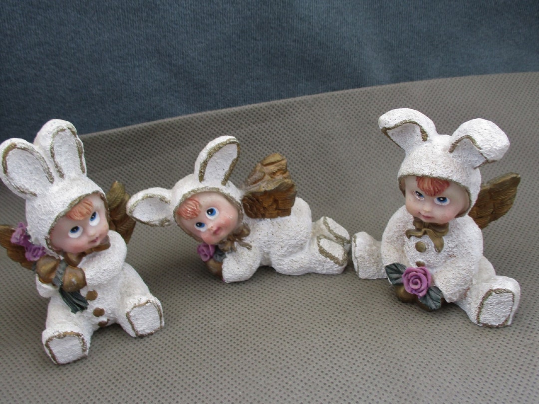 Angels Rabbit 70s Vintage Rabbit Figurines, Angel Kids Bunny With Ears , Purple Roses ...