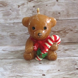 Vintage Teddy bear candle holding candy cane Light brown Christmas decoration JanetJcrafts