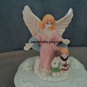 Vintage Heart shaped trinket box ,Jewelry box with angel ,1980's Ceramic Ring box, Angel figurine pink dress JanetJcrafts image 9