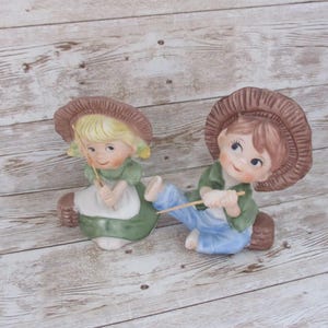 Vintage girl and boy fishing figurine Made in Korea 1980 set of two ceramic kids fishing JanetJcrafts