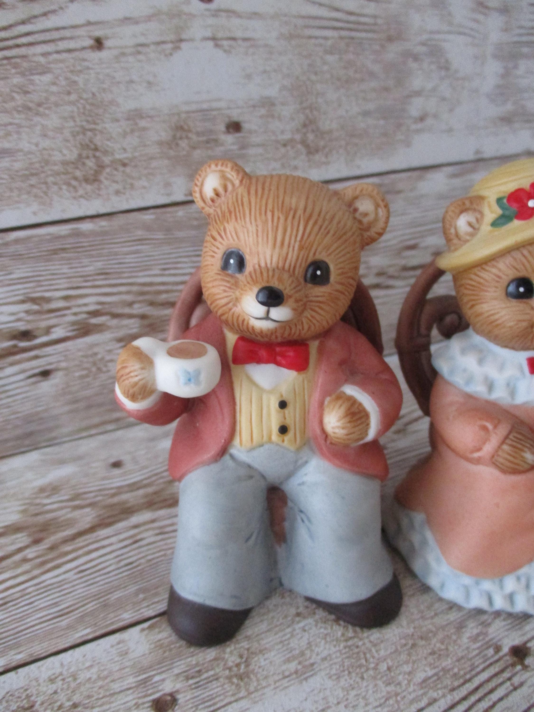 Vintage Homco Tea Time Bears # 1401 Sitting in Wicker Chair Set of