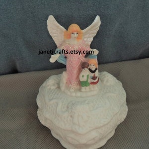 Vintage Heart shaped trinket box ,Jewelry box with angel ,1980's Ceramic Ring box, Angel figurine pink dress JanetJcrafts image 7