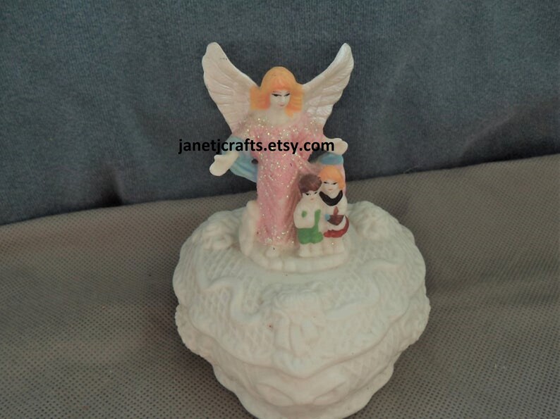 Vintage Heart shaped trinket box ,Jewelry box with angel ,1980's Ceramic Ring box, Angel figurine pink dress JanetJcrafts image 7