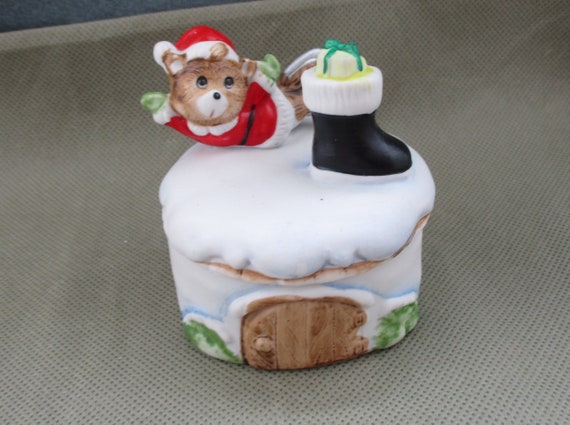 Vintage Homco Christmas Jewelry box, Trinket box with mouse  ,Homco  8904, Christmas figurine, Wedding ring box ,replacement JanetJcrafts