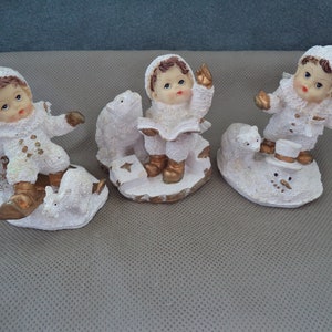 Vintage Christmas figurines , Children in snow ,set of three ,White Bear figurine, Christmas decoration ,janetjcrafts