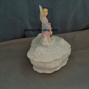 Vintage Heart shaped trinket box ,Jewelry box with angel ,1980's Ceramic Ring box, Angel figurine pink dress JanetJcrafts image 3