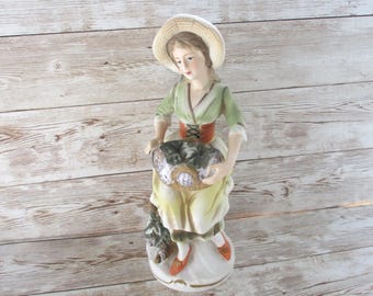Homco Vintage Porcelain Figurine: Woman with Grapes Basket