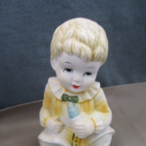 Vintage Boy figurine ,1950&#39;s Porcelain baby figurine ,Porcelain child , Big knick knack ,Yellow cloth , Baby with bottle figurine