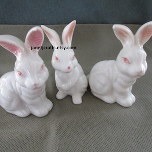 Vintage White rabbit figurine ,Bone china ,Vintage set of three rabbits ,Pink eyed figurine, 1980,s Easter figurine, janetjcrafts