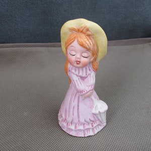 Vintage Girl hand bell ,Jasco Merri  bell, 1970&#39;s girl  figurine ,Home Décor, Replacement ,Pink dress yellow hat dress janetjcrafts