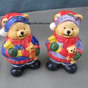 Vintage Teddy bear salt and pepper shakers, Christmas  Bear figurine ,Replacement, Set of two , Holding teddy bear janetjcrafts