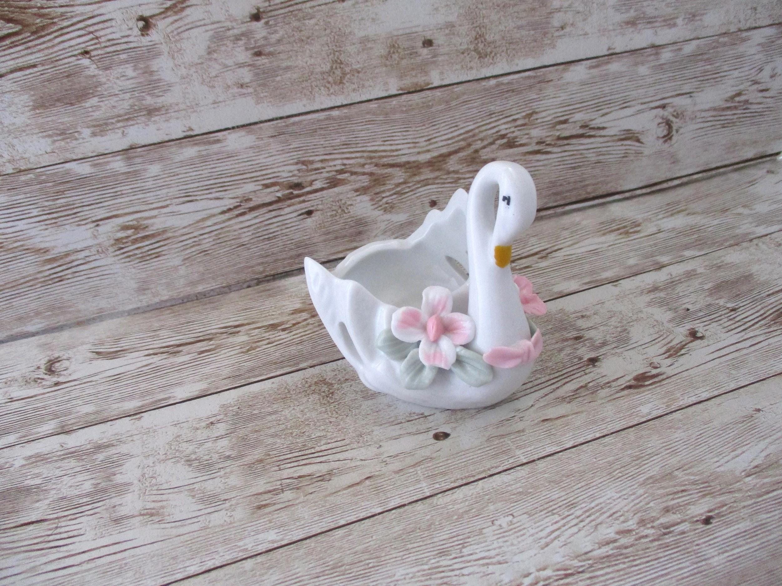 Swan candle holders Ring dish Vintage White porcelain Swan figurines Jewelry dish Pink flowers JanetJcrafts