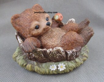 Vintage Bear Cub in Tree Stump,  Homco Figurine , 1986  home Interior ,Made in Mexico, Masterpiece Porcelain JanetJcrafts