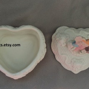 Vintage Heart shaped trinket box ,Jewelry box with angel ,1980's Ceramic Ring box, Angel figurine pink dress JanetJcrafts image 4