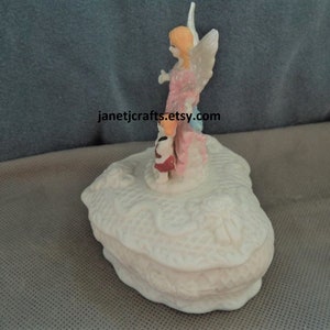 Vintage Heart shaped trinket box ,Jewelry box with angel ,1980's Ceramic Ring box, Angel figurine pink dress JanetJcrafts image 2