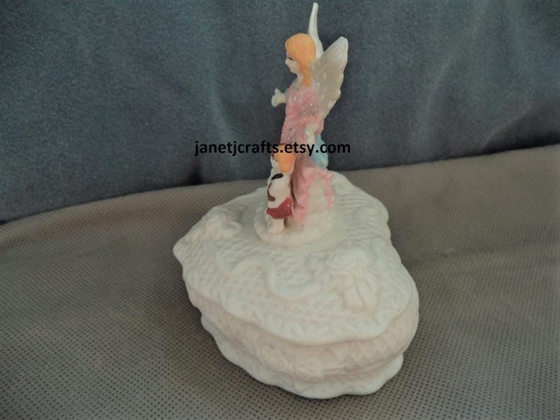 Vintage Heart shaped trinket box ,Jewelry box with angel ,1980's Ceramic Ring box, Angel figurine pink dress JanetJcrafts image 2