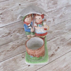 Vintage Little Darling candle holder 1981 figurine Boy and Girl figurine  under umbrellaTooth pick holder JanetJcrafts