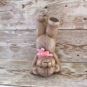 Ceramic Teddy bear standing on head  miniature figurine with pink bow vintage 1980&#39;s brown bear 3 1/2  inches tall