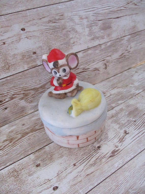 Vintage Homco Christmas Jewelry box Trinket box with mouse 8901 figurine, JanetJcrafts