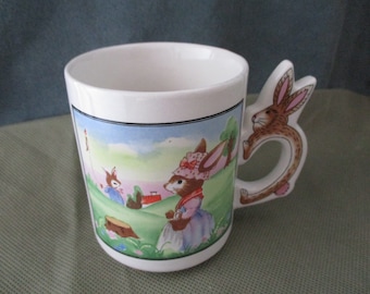 Vintage Rabbit Coffee Mug, Ceramic Cup with Bunny Handle