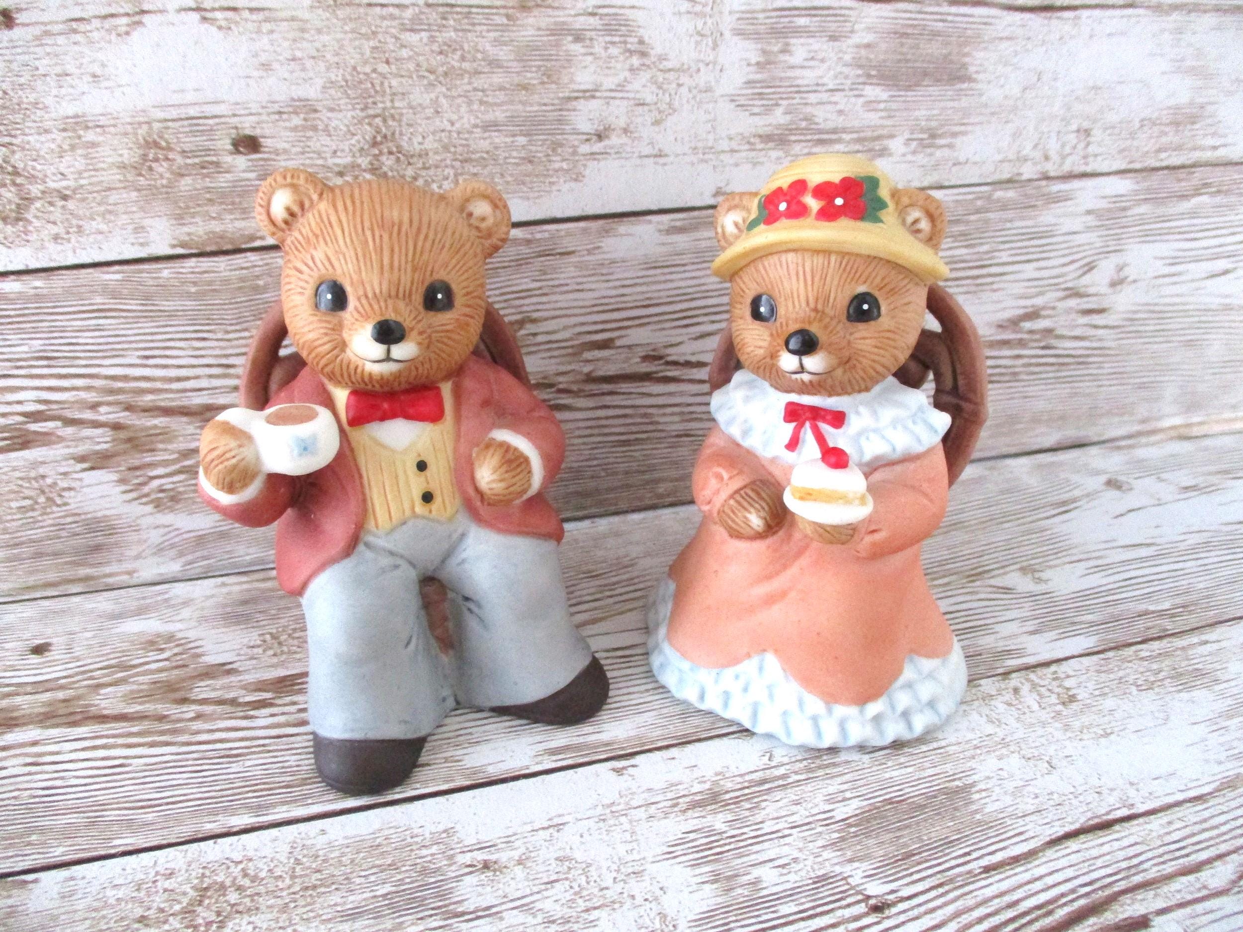 Vintage Homco Tea Time Bears # 1401 Sitting in Wicker Chair Set of