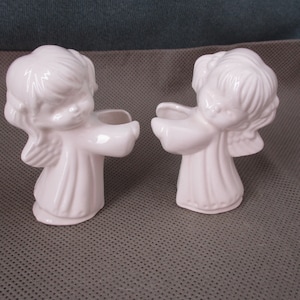 Vintage Angel Girl Christmas Candle Holder Figurines Set of two Angel White porcelain JanetJcrafts
