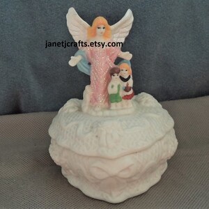 Vintage Heart shaped trinket box ,Jewelry box with angel ,1980's Ceramic Ring box, Angel figurine pink dress JanetJcrafts image 10