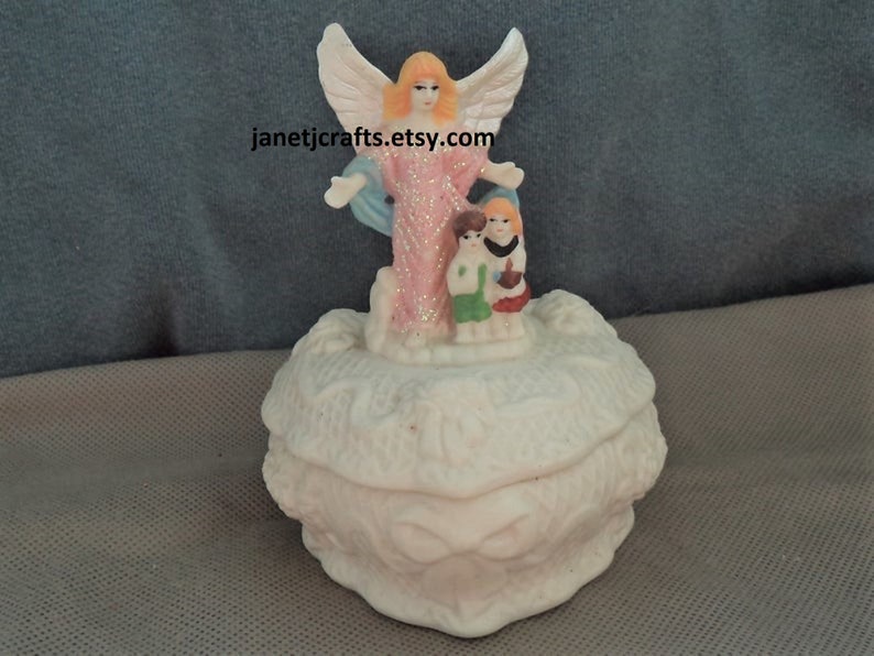 Vintage Heart shaped trinket box ,Jewelry box with angel ,1980's Ceramic Ring box, Angel figurine pink dress JanetJcrafts image 10