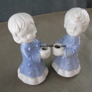 Vintage Boy & Girl Christmas Candle  Holder Figurines,1970&#39;s  Angel  Blue and White porcelain, Set of two ,janetjcrafts