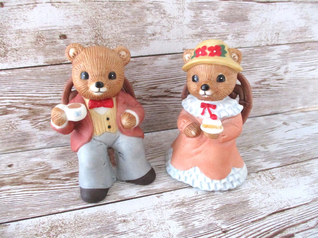 Vintage Homco Tea Time Bears # 1401 Sitting in Wicker Chair Set of