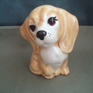 Vintage Ceramic Puppy figurine ,1980&#39;s tan and white dog figurine, 5 inches tall ,Big eyed dog figurine ,janetjcrafts