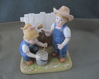 Vintage Denim Days 2001 , Danny , Debbie  , 15353 01 Whitewashing the fence HOMCO Home Interiors Figurine JanetJcrafts