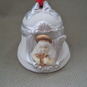 Vintage porcelain handbell ,Small bell with Angel, 1960 figurine , Christmas tree ornament , Silver and white decoration janetjcrafts