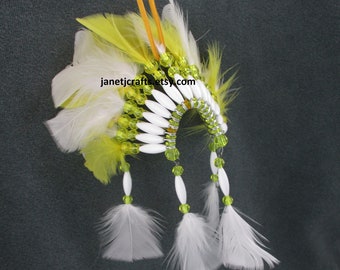 Beaded Bonnet Car Charm, Yellow & White Feather Ornament