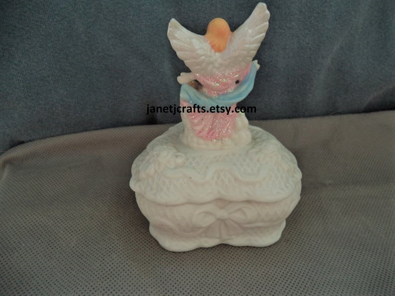 Vintage Heart shaped trinket box ,Jewelry box with angel ,1980's Ceramic Ring box, Angel figurine pink dress JanetJcrafts image 6
