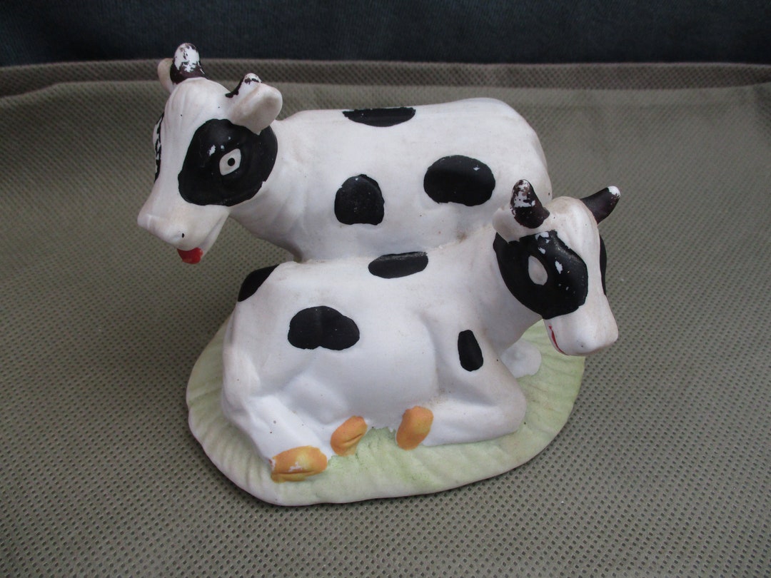 Vintage Cow Figurine, Holstein Black and White Cow , Ceramic Cow Laying