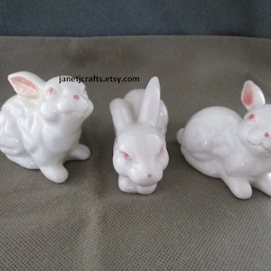 Vintage White rabbit figurine ,White and pink rabbit ,Vintage set of three rabbits ,Pink eyed figurine, Easter figurines ,janetjcrafts