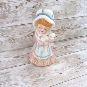 Vintage Girl hand bell with dog 1970&#39;s young lady figurine Porcelain bell JanetJcrafts
