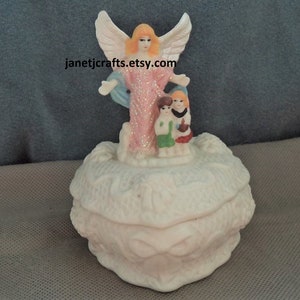 Vintage Heart shaped trinket box ,Jewelry box with angel ,1980's Ceramic Ring box, Angel figurine pink dress JanetJcrafts image 1