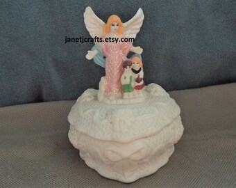 Vintage Heart shaped trinket box ,Jewelry box with angel ,1980's Ceramic Ring box, Angel figurine  pink dress JanetJcrafts