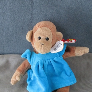 Vintage Ty Beanie Baby , Bongo  the Monkey ,PVC Pellets , 1995 Rare Beanie baby, Wearing blue dress  janetjcrafts
