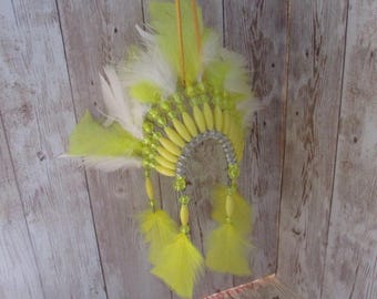Beaded Bonnet Car Charm - Yellow & White Feather Ornament