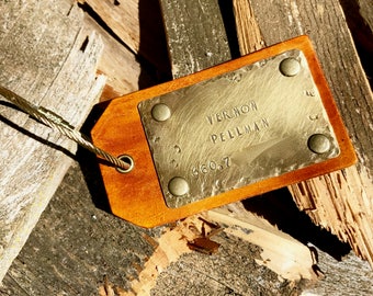 Hand stamped custom brass luggage tag