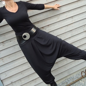 DSCHINGIS, sarouel trousers made of black viscose jersey, TWO-WERK