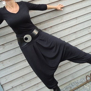 DSCHINGIS- , sarouel pants made of black viscose jersey, ZWEIWERK